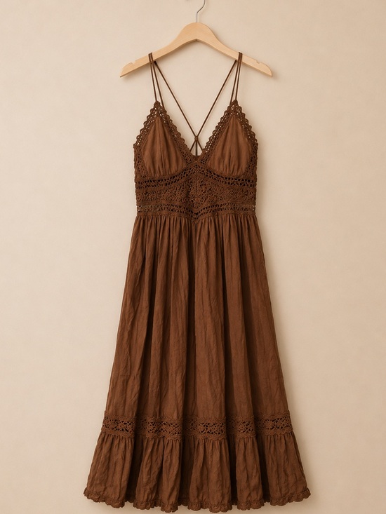 Cider Dresses & Skirts - NWT Cider Brown Lace Crochet Boho Strappy Maxi Sundress - L